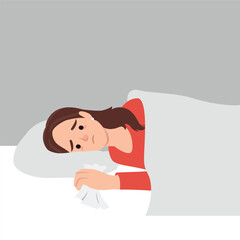 Flu sick woman lying in bed under blanket with sleeping red cat. Young girl have autumn or winter seasonal cold respiratory infection disease. Flat vector illustration isolated on white background