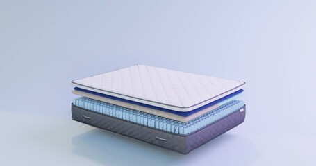 3d animation of an orthopedic mattress for people with different weights with a spring block consisting of layers of elastic foam, presentation of the composition of one of the corners