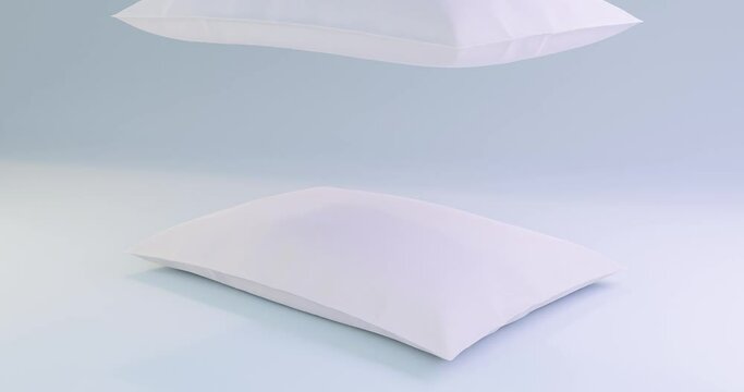 3d animation of a stack of white pillows. Pillows fall on top of each other