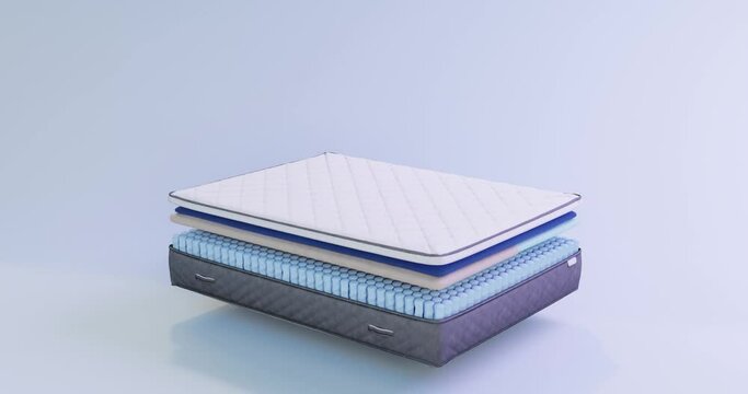3d animation of an orthopedic mattress for people with different weights with a spring block consisting of layers of elastic foam, presentation of the composition of one of the corners