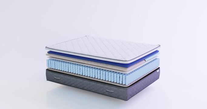 3d animation on the side of a prefabricated orthopedic mattress structure with a spring block consisting of layers of elastic foam, independent springs, gel cooling layer