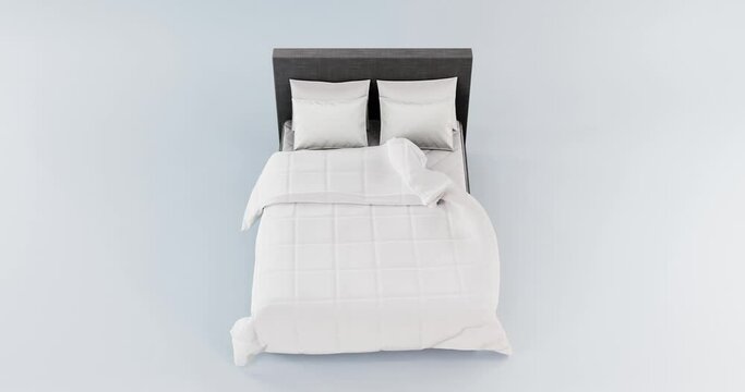 3d animation of a set of bedding a blanket and four pillows and a mattress lie on a simple bed top view.  The edge of the blanket reclines