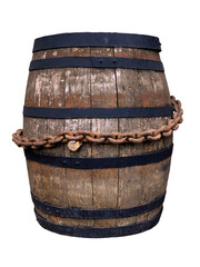 Obraz premium An old wooden barrel with a cork for making wine. Wrapped in a rusty iron chain.