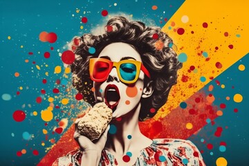 Woman blowing up popcorn with her hands, in pop art style. Generative AI