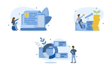finance growth illustration set. characters invested money in stock markets and study stock information with increasing the value of investment. stock business concept. vector illustration.