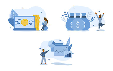 bitcoin technology illustration set. characters are earning bitcoins and looking at their volatility to make a lot of profit. bitcoin value concept. vector illustration.
