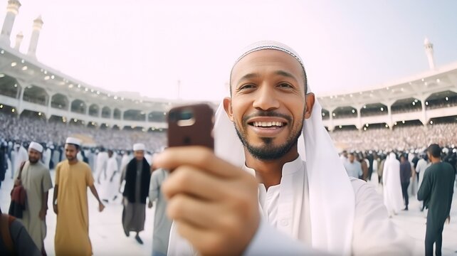 Muslim man taking photo with phone camera showing view of kaaba in Mecca and bustling Muslim people, Generative AI