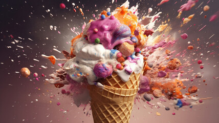 Melting ice cream cone with colored splash. Creative summer background. Refreshment dessert. Created with Generative AI