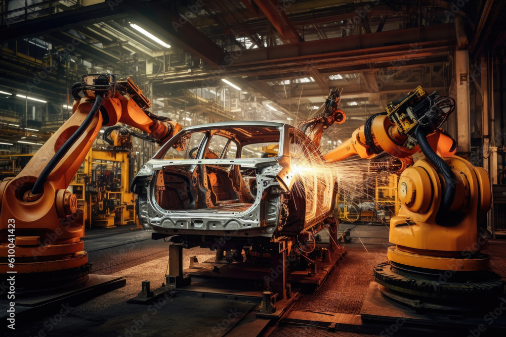 Poster car factory with robotic arms at assembly line. automated vehicle conveyor welding car frames. creat