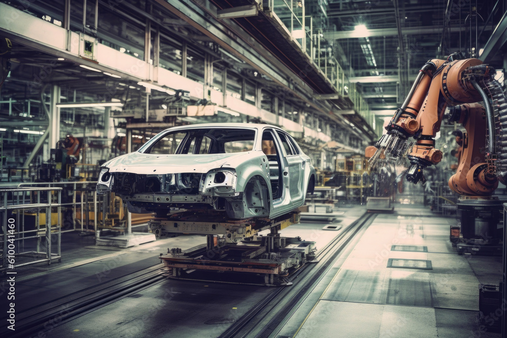 Poster car factory with robotic arms at assembly line. automated vehicle conveyor welding car frames. creat