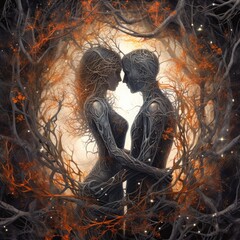 a woman's body covered in branches with a couple in love Generative Ai