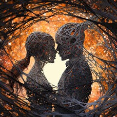 a woman's body covered in branches with a couple in love Generative Ai