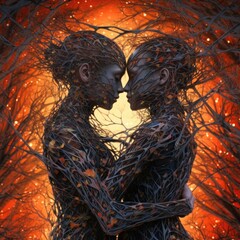 a woman's body covered in branches with a couple in love Generative Ai