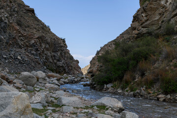 River. Summer mountain landscape. Kyrgyzstan mountains. Issyk-Kul region.