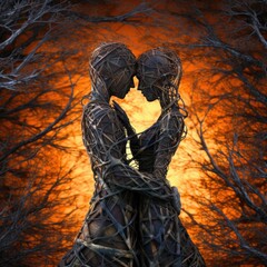 a woman's body covered in branches with a couple in love Generative Ai