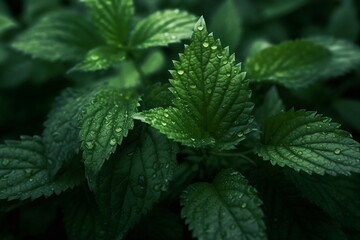 Green mint leaves background. Peppermint leaves with dew drops close-up. Generative AI.