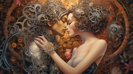 a modern illustration of two people kissing in front of the world Generative Ai