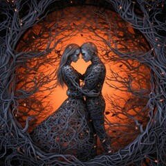 a modern illustration of two people kissing in front of the world Generative Ai