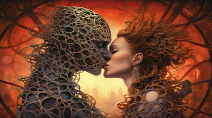 a modern illustration of two people kissing in front of the world Generative Ai