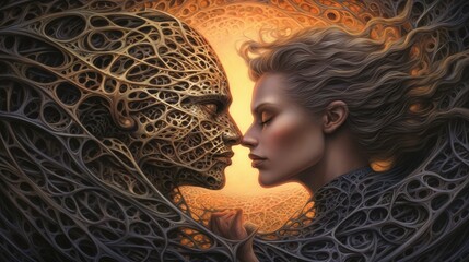 a modern illustration of two people kissing in front of the world Generative Ai