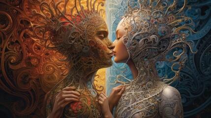 a modern illustration of two people kissing in front of the world Generative Ai