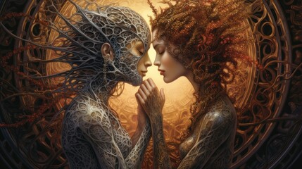 a modern illustration of two people kissing in front of the world Generative Ai