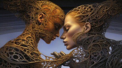 a modern illustration of two people kissing in front of the world Generative Ai