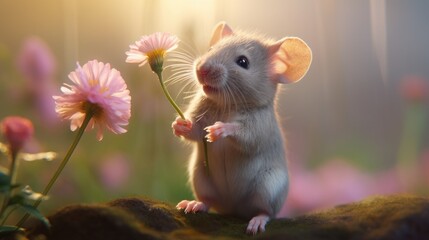a little mouse is smelling a flower Generative Ai