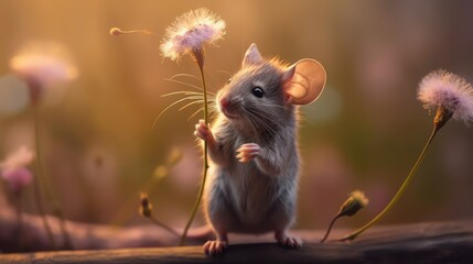 a little mouse is smelling a flower Generative Ai