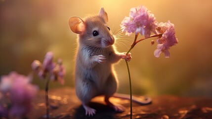 a little mouse is smelling a flower Generative Ai