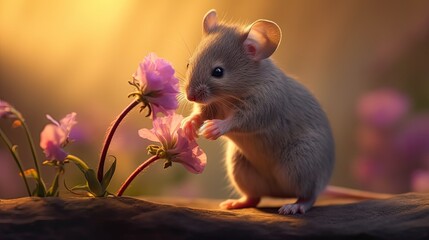 a little mouse is smelling a flower Generative Ai