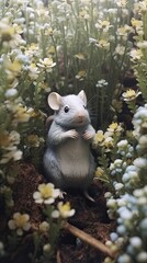 tiny little mouse eating flowers in the woods Generative Ai