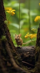 tiny little mouse eating flowers in the woods Generative Ai