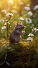 tiny little mouse eating flowers in the woods Generative Ai