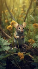 tiny little mouse eating flowers in the woods Generative Ai