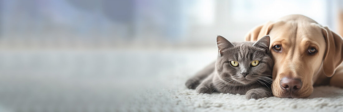 British Cat And Labrador Dog Together On The Floor Indoors.