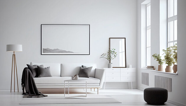 Blank horizontal poster frame mock up in minimal Scandinavian white style living room interior, modern living room interior background Ai generated image