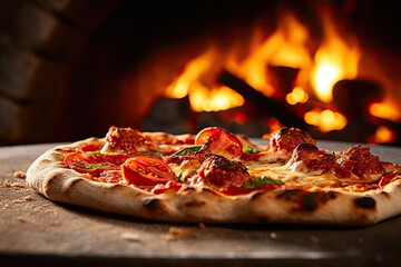 Italian pizza in front of stone oven created with Generative AI technology