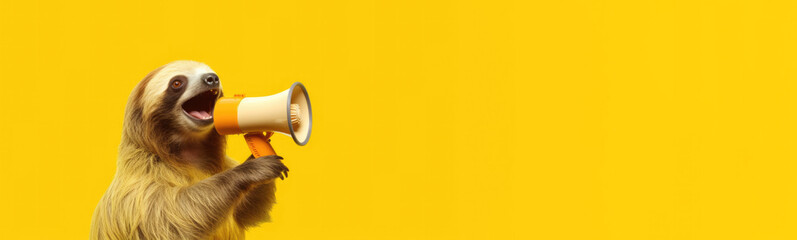 a happy sloth holding a yellow megaphone speaking in it with yellow solid background,generative ai.