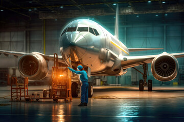 Aircraft maintenance in hangar created with Generative AI technology