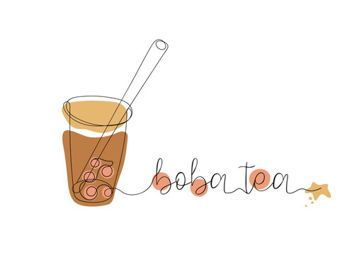 Boba tea one line illustration. Cup of ubble drink vector drawing with lettering isolated on white background