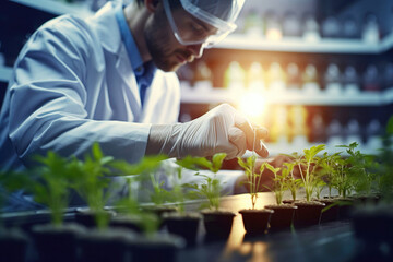 Agronomist biologist man growing green plants in laboratory made with Generative AI technology