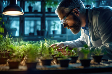 Agronomist biologist man growing green plants in laboratory made with Generative AI technology