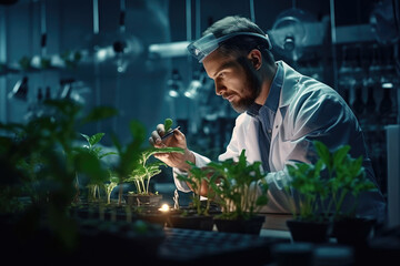 Agronomist biologist man growing green plants in laboratory made with Generative AI technology - obrazy, fototapety, plakaty