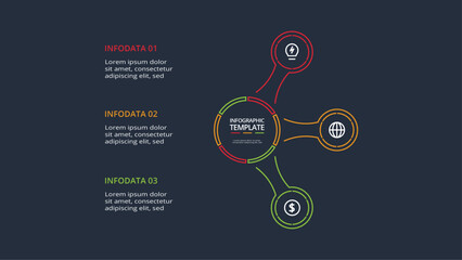 Line concept for infographic with 3 steps, options, parts or processes. Template for web on a black background.