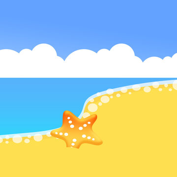 Summer sea beach with clouds and starfish on the sand wallpaper background