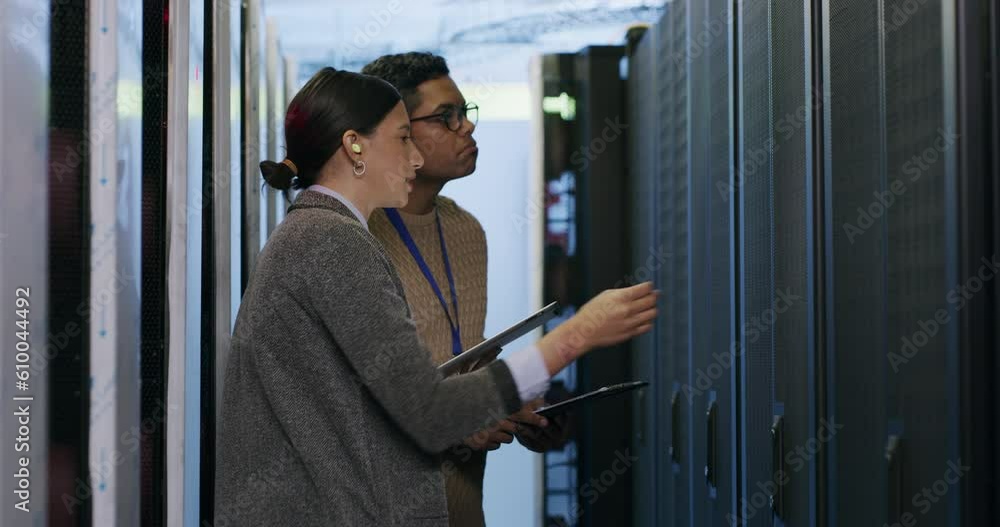 Poster Team, discussion and server room, woman and man in network administration for database update. Tech employees, system maintenance and technician team problem solving online in data center together.