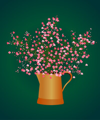 A scattering of pink small flowers in a teapot. Vector illustration, on a green background
