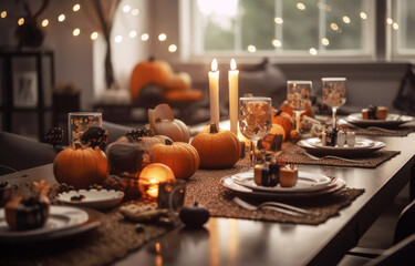 Seasonal table setting with pumpkins and flowers