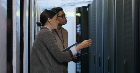 Team, discussion and server room, woman and man in network administration for database update. Tech employees, system maintenance and technician team problem solving online in data center together. - Powered by Adobe